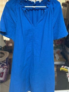 Women’s Short Sleeve V-Neck Gauze Dress - Bright Blue